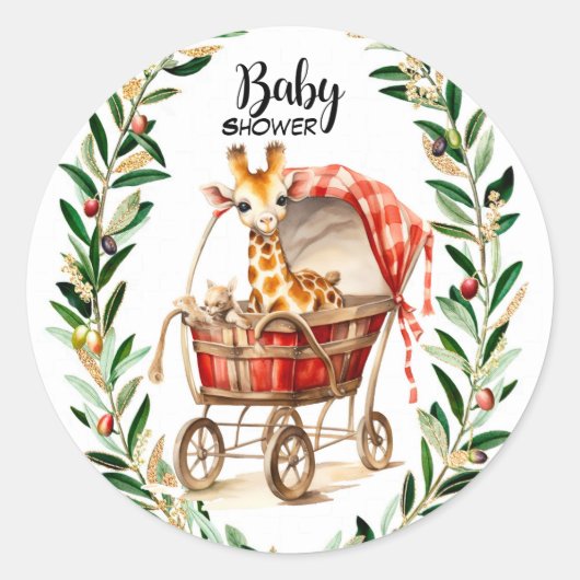 Schattigee Giraffe in Carriage Winter Baby shower Ronde Sticker (Voorkant)