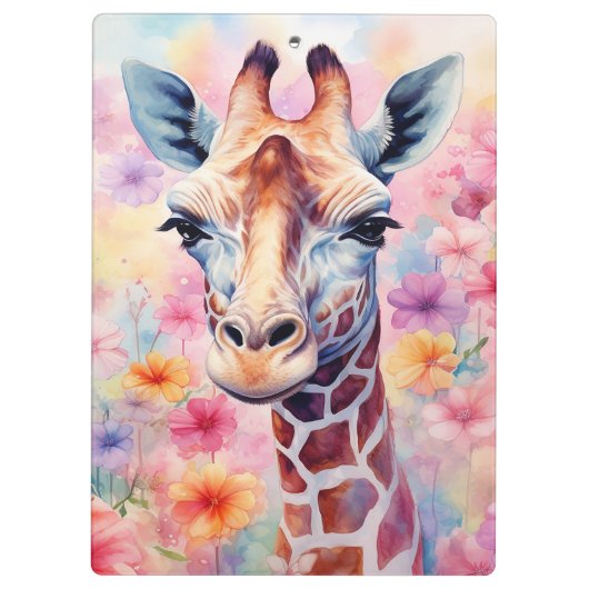 Schattigee Giraffe in Pink Flowers Klembord (Achterkant)