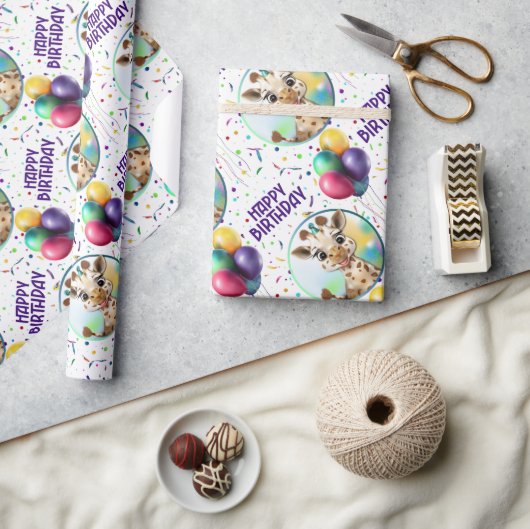 Schattigee Giraffe Kleurrijke Confetti Kids Verjaa Cadeaupapier (Crafts)