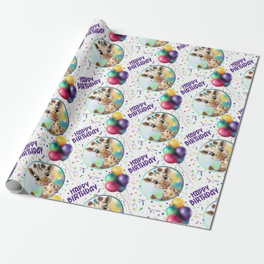 Schattigee Giraffe Kleurrijke Confetti Kids Verjaa Cadeaupapier (Uitgerold)