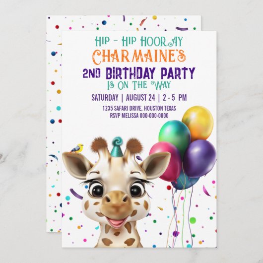 Schattigee Giraffe Kleurrijke Confetti Kids Verjaa Kaart (Voorkant / Achterkant)