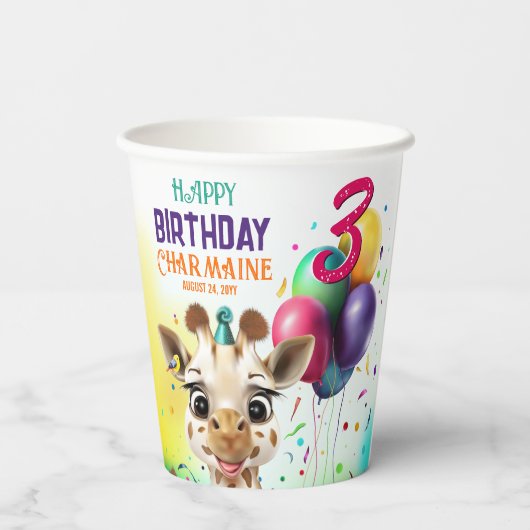 Schattigee Giraffe Kleurrijke Confetti Kids Verjaa Papieren Bekers (Achterkant)