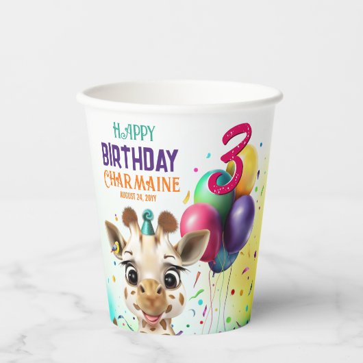 Schattigee Giraffe Kleurrijke Confetti Kids Verjaa Papieren Bekers (Voorkant)
