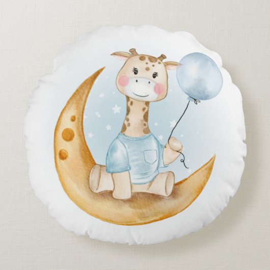 SCHATTIGEE GIRAFFE MET BLAUWE BALLON OP MAAN ROND KUSSEN (Voorkant)