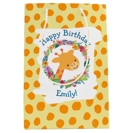 Schattigee Giraffe met een bloemenkrans Custom Bir Medium Cadeauzakje (Voorkant)