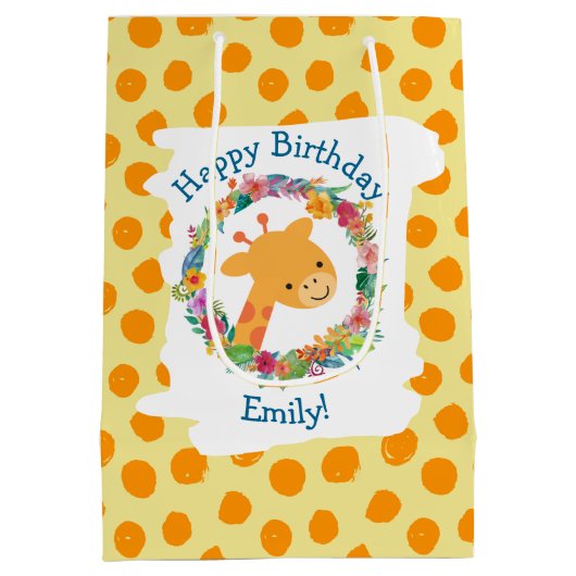 Schattigee Giraffe met een bloemenkrans Custom Bir Medium Cadeauzakje (Achterkant)