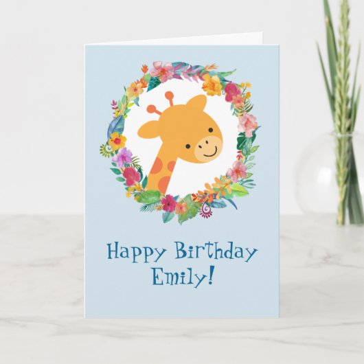 Schattigee Giraffe met een bloemenkrans Verjaardag Kaart (Voorkant)