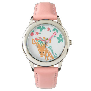Schattigee Giraffe met Flower Crown gepersonalisee Horloge