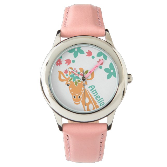 Schattigee Giraffe met Flower Crown gepersonalisee Horloge (Voorkant)