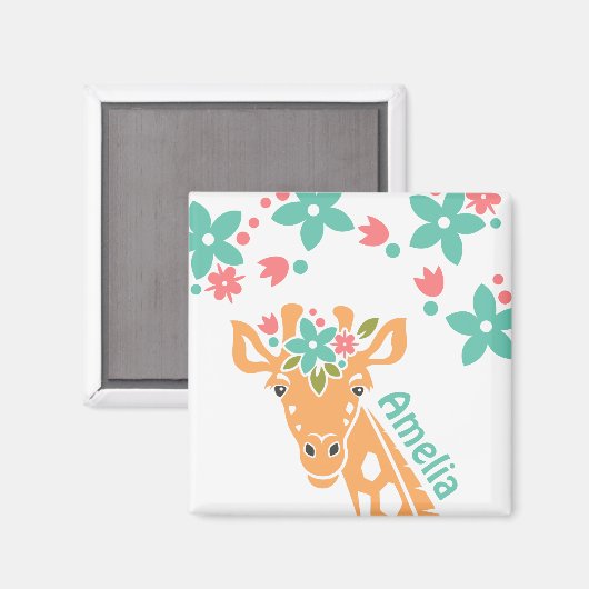 Schattigee Giraffe met Flower Crown gepersonalisee Magneet (Voorkant / Achterkant)