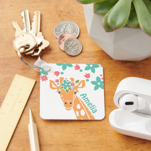 Schattigee Giraffe met Flower Crown gepersonalisee Sleutelhanger (Bureau)