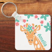 Schattigee Giraffe met Flower Crown gepersonalisee Sleutelhanger (Voorkant)