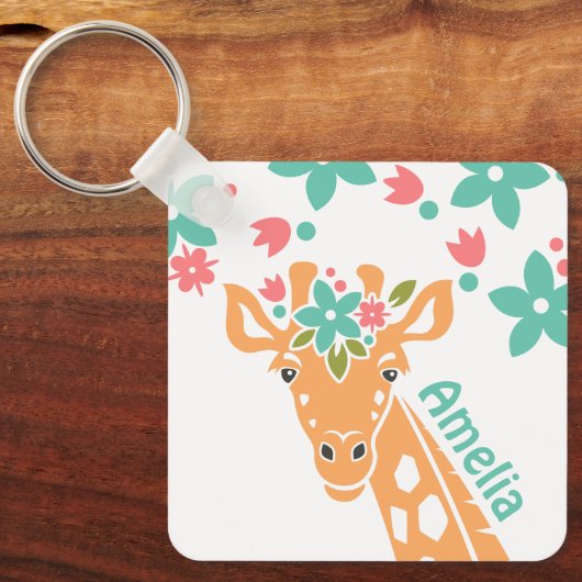 Schattigee Giraffe met Flower Crown gepersonalisee Sleutelhanger (Voorkant)