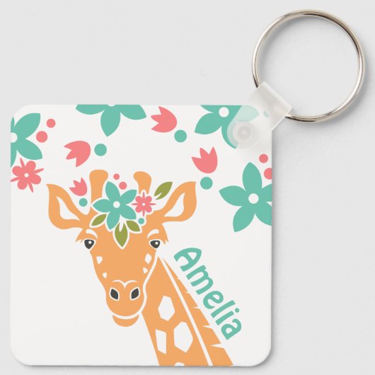 Schattigee Giraffe met Flower Crown gepersonalisee Sleutelhanger (Achterkant)