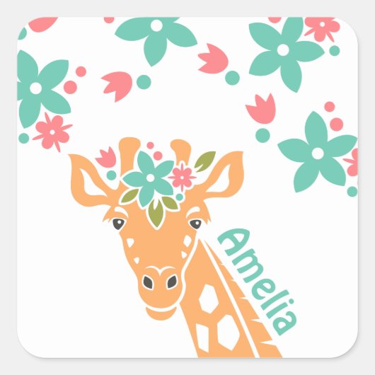 Schattigee Giraffe met Flower Crown gepersonalisee Vierkante Sticker (Voorkant)