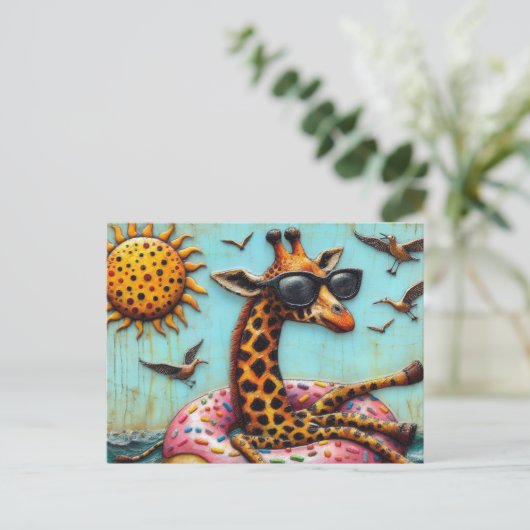 Schattigee Giraffe op Donut Floatation Device Bird Briefkaart (Staand voorkant)