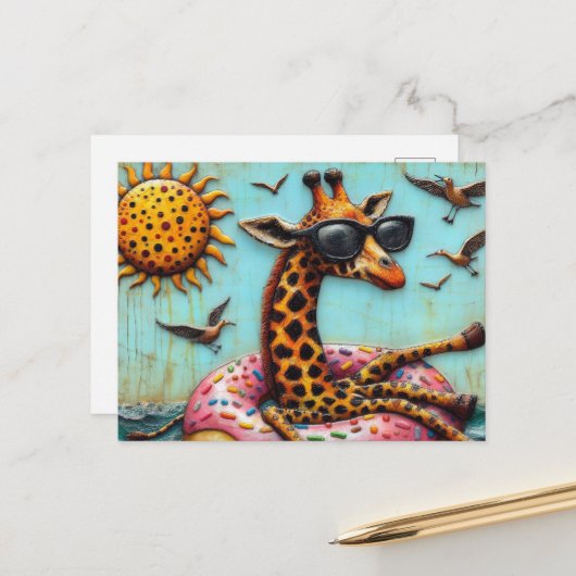 Schattigee Giraffe op Donut Floatation Device Bird Briefkaart (Voorkant / Achterkant in situ)