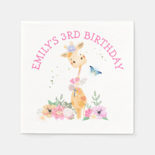 Schattigee Giraffe Roze Bloemen Meisjes 3e Verjaar Servet
