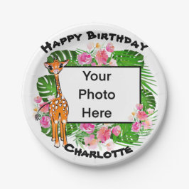 Schattigee giraffe  roze bloementropisch bos papieren bordje