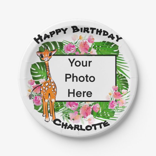 Schattigee giraffe  roze bloementropisch bos papieren bordje (Voorkant)