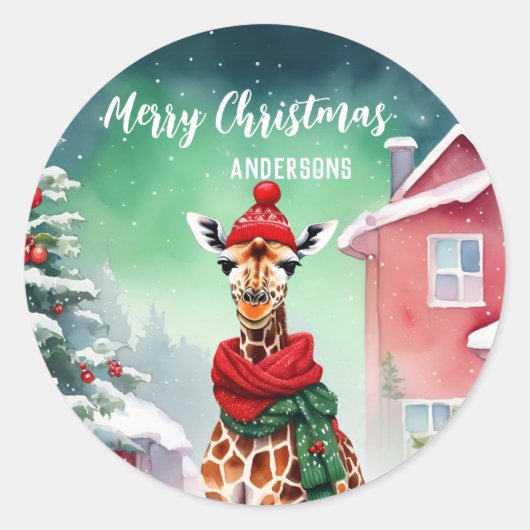 Schattigee Giraffe Safari Kerstfeest Kerstfeest Ronde Sticker (Voorkant)