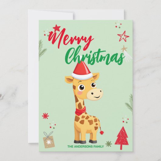 Schattigee Giraffe santa kerstvakantie Familienaam Feestdagenkaart (Voorkant)