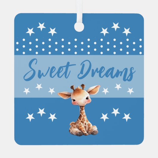 Schattigee giraffe shhh voeg naam is slapende blau metalen ornament (Achterkant)