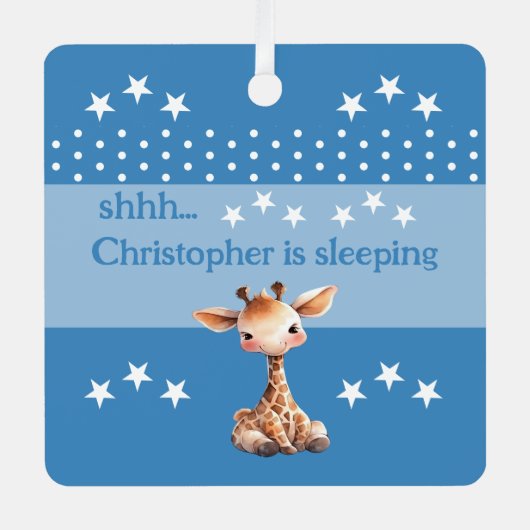 Schattigee giraffe shhh voeg naam is slapende blau metalen ornament (Voorkant)