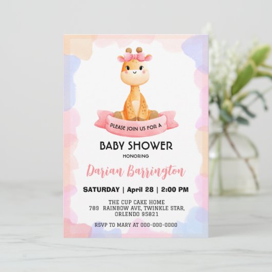 Schattigee Giraffe Star Ballon baby shower Party B Kaart (Staand voorkant)