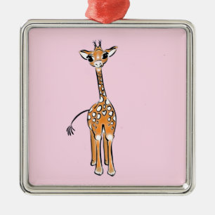 Schattigee giraffe tekening roze metalen ornament