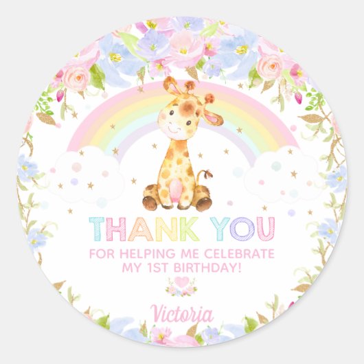 Schattigee Giraffe Verjaardag Baby shower Dank u F Ronde Sticker (Voorkant)