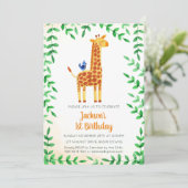 Schattigee Giraffe & Vogelverjaardagsuitnodiging Kaart (Staand voorkant)