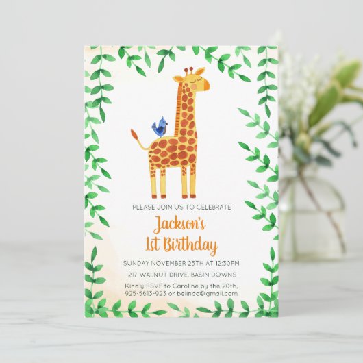 Schattigee Giraffe & Vogelverjaardagsuitnodiging Kaart (Staand voorkant)