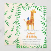 Schattigee Giraffe & Vogelverjaardagsuitnodiging Kaart (Voorkant / Achterkant)