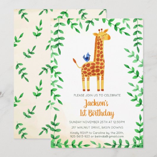 Schattigee Giraffe & Vogelverjaardagsuitnodiging Kaart (Voorkant / Achterkant)