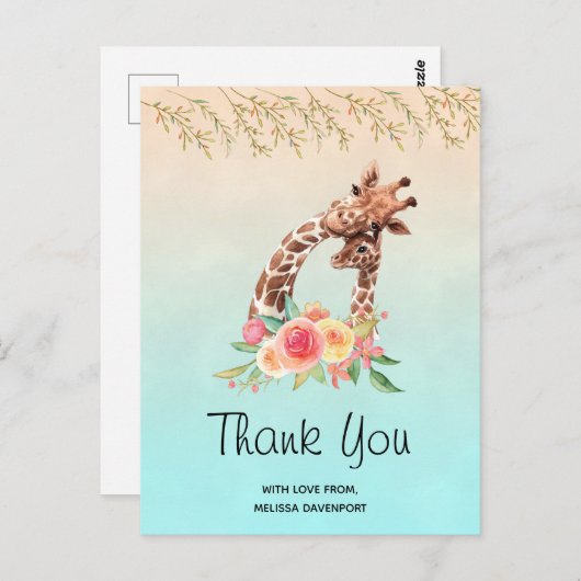 Schattigee Giraffe Waterverf Dank u Briefkaart (Voorkant / Achterkant)