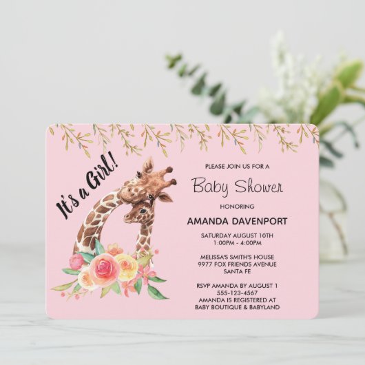 Schattigee Giraffe Waterverf Het is een meisje! Ba Kaart (Staand voorkant)