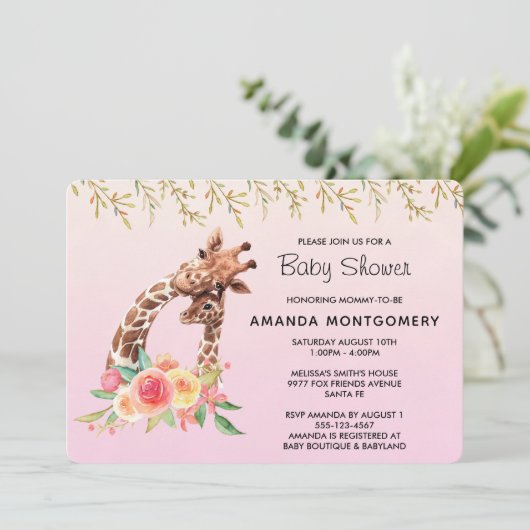 Schattigee Giraffe Waterverf Moeder & Baby Baby sh Kaart (Staand voorkant)