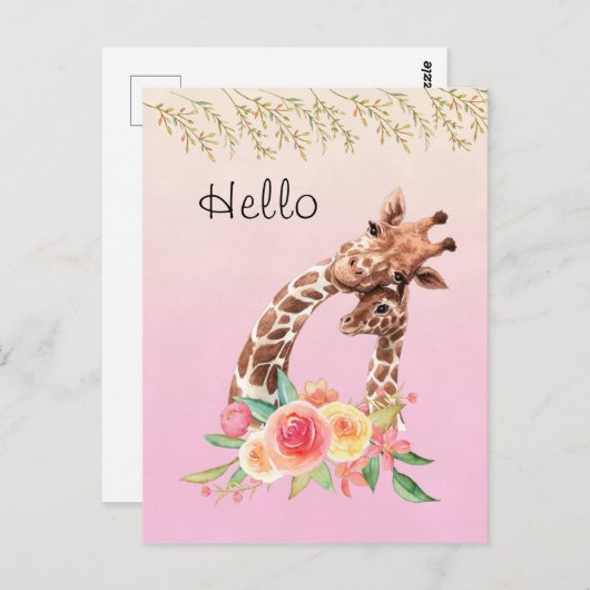Schattigee Giraffe Waterverf Moeder & Baby Hallo Briefkaart (Voorkant / Achterkant)