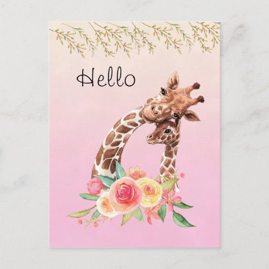 Schattigee Giraffe Waterverf Moeder & Baby Hallo Briefkaart (Voorkant)