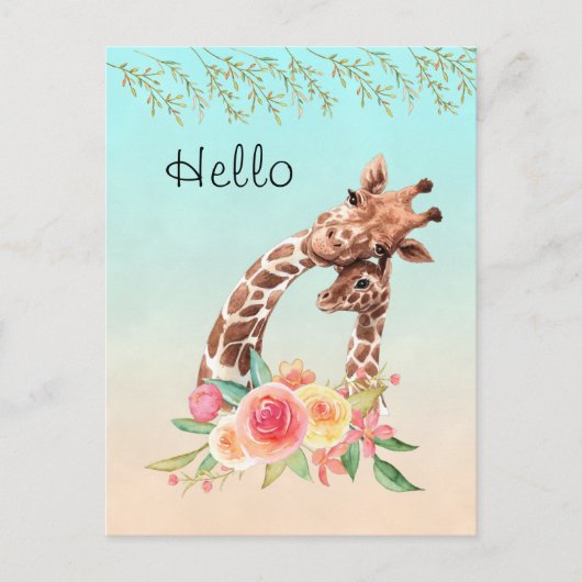 Schattigee Giraffe Waterverf Moeder & Baby Hallo Briefkaart (Voorkant)