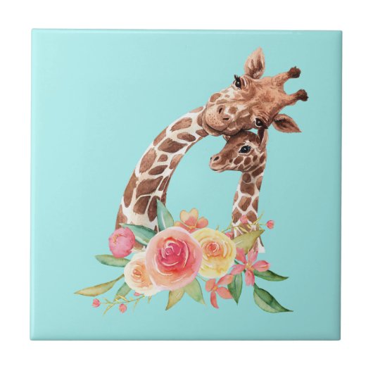 Schattigee Giraffe Waterverf Moeder & Baby Keramis Tegeltje (Voorkant)