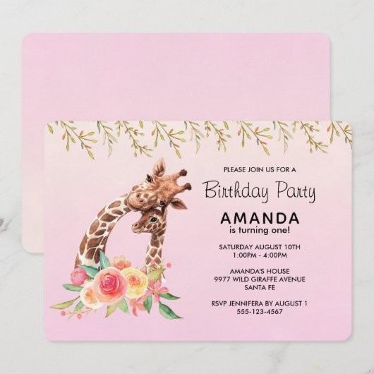 Schattigee Giraffe Waterverf Moeder & Baby Verjaar Kaart (Voorkant / Achterkant)