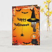 Schattigee Giraffe Witch & Bird Brew Halloween Kaa Kaart (Gele Bloem)