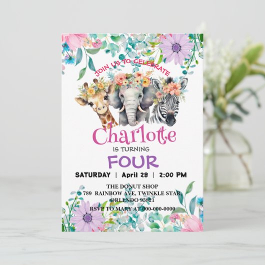 Schattigee Giraffe Zebra oerwoud Dieren Verjaardag Kaart (Staand voorkant)