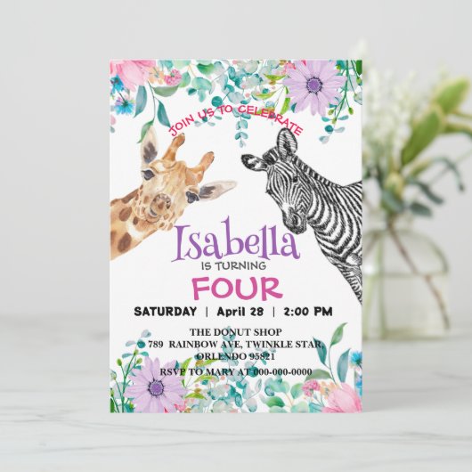 Schattigee Giraffe Zebra oerwoud Dieren Verjaardag Kaart (Staand voorkant)