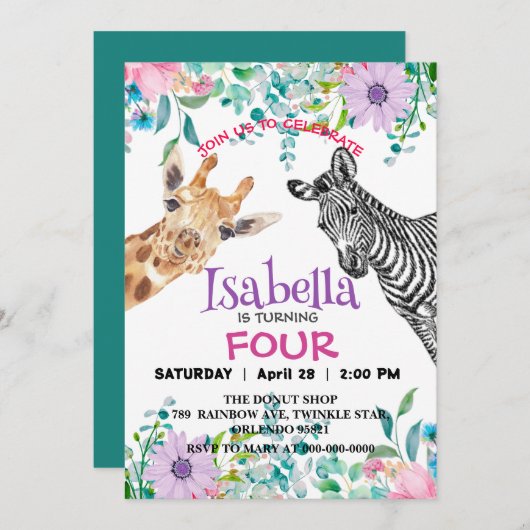 Schattigee Giraffe Zebra oerwoud Dieren Verjaardag Kaart (Voorkant / Achterkant)