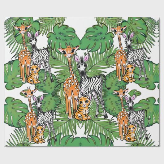 Schattigee giraffe zebra tijger oerwoud vrienden cadeaupapier (Vlak)