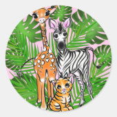 Schattigee giraffe zebra tijger oerwoud vrienden ronde sticker (Voorkant)