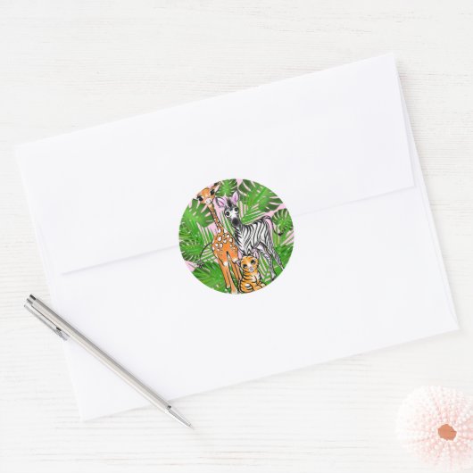 Schattigee giraffe zebra tijger oerwoud vrienden ronde sticker (Envelop)